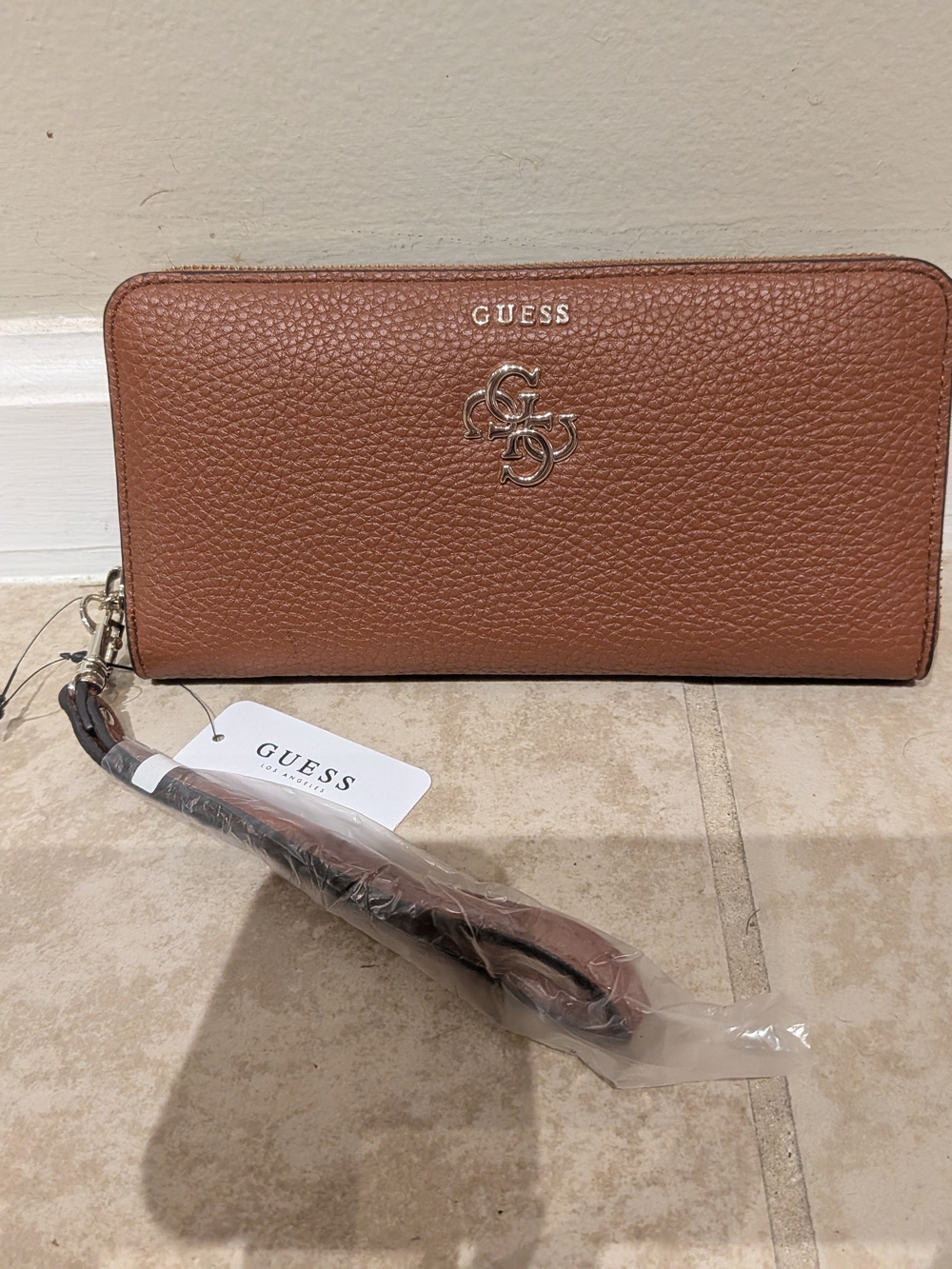 GUESS Tan Pebbled Zip Wallet with Wristlet